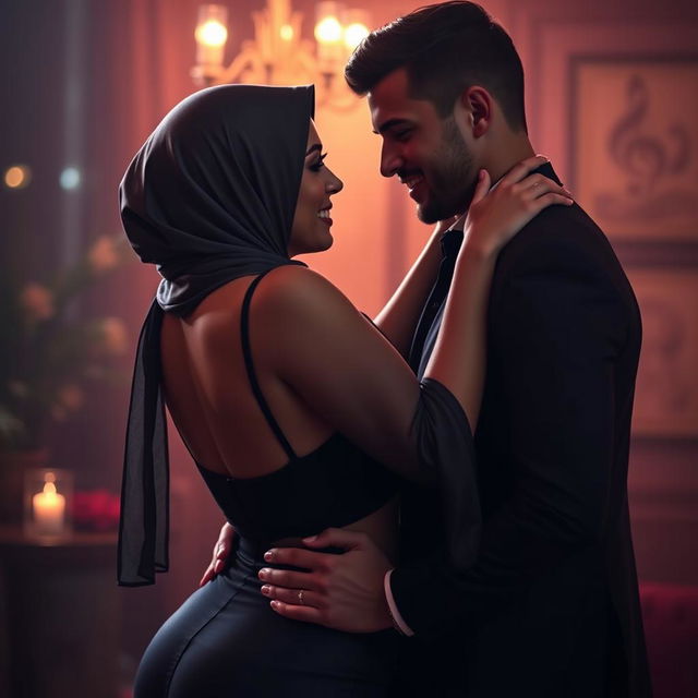 A captivating scene featuring a confident, curvy woman with a hijab, showcasing her attractive figure with size 42 breasts and a voluptuous backside, engaging intimately in a romantic setting with a handsome man