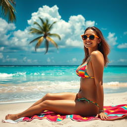 A beautiful beach scene featuring a stunning woman in a vibrant bikini, sunbathing on a sandy shore