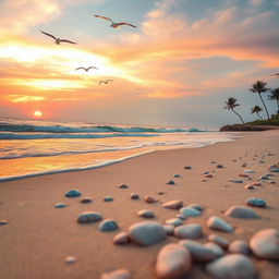 A serene beach scene at sunset, with soft waves gently lapping at the shore