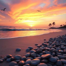 A serene beach scene at sunset, with soft waves gently lapping at the shore