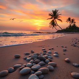 A serene beach scene at sunset, with soft waves gently lapping at the shore