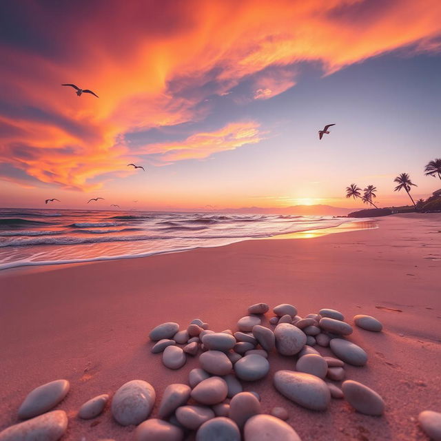 A serene beach scene at sunset, with soft waves gently lapping at the shore