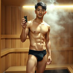 A young Korean man, very cute and handsome with a muscular build, stands confidently in a sauna