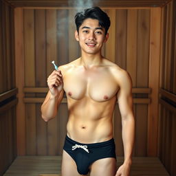A young Korean man, very cute and handsome with a muscular build, stands confidently in a sauna