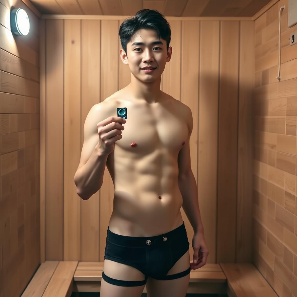 A young Korean man, very cute and handsome with a muscular build, stands confidently in a sauna