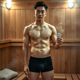 A young Korean man, very cute and handsome with a muscular build, stands confidently in a sauna