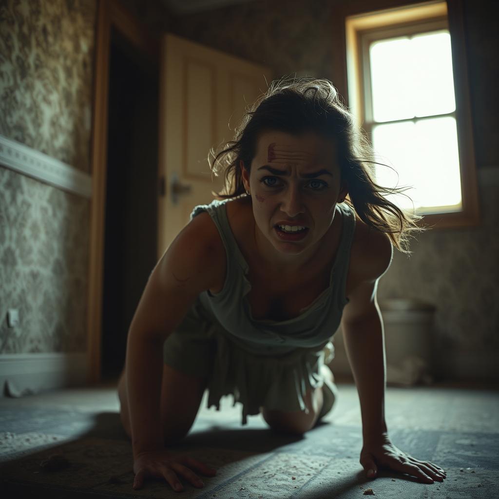 A dramatic scene of a woman crawling away in a dimly lit room, showcasing her resilience despite her injuries