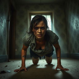 A dramatic scene of a woman crawling away in a dimly lit room, showcasing her resilience despite her injuries