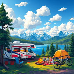 A vibrant and picturesque scene of RV camping in a serene nature setting