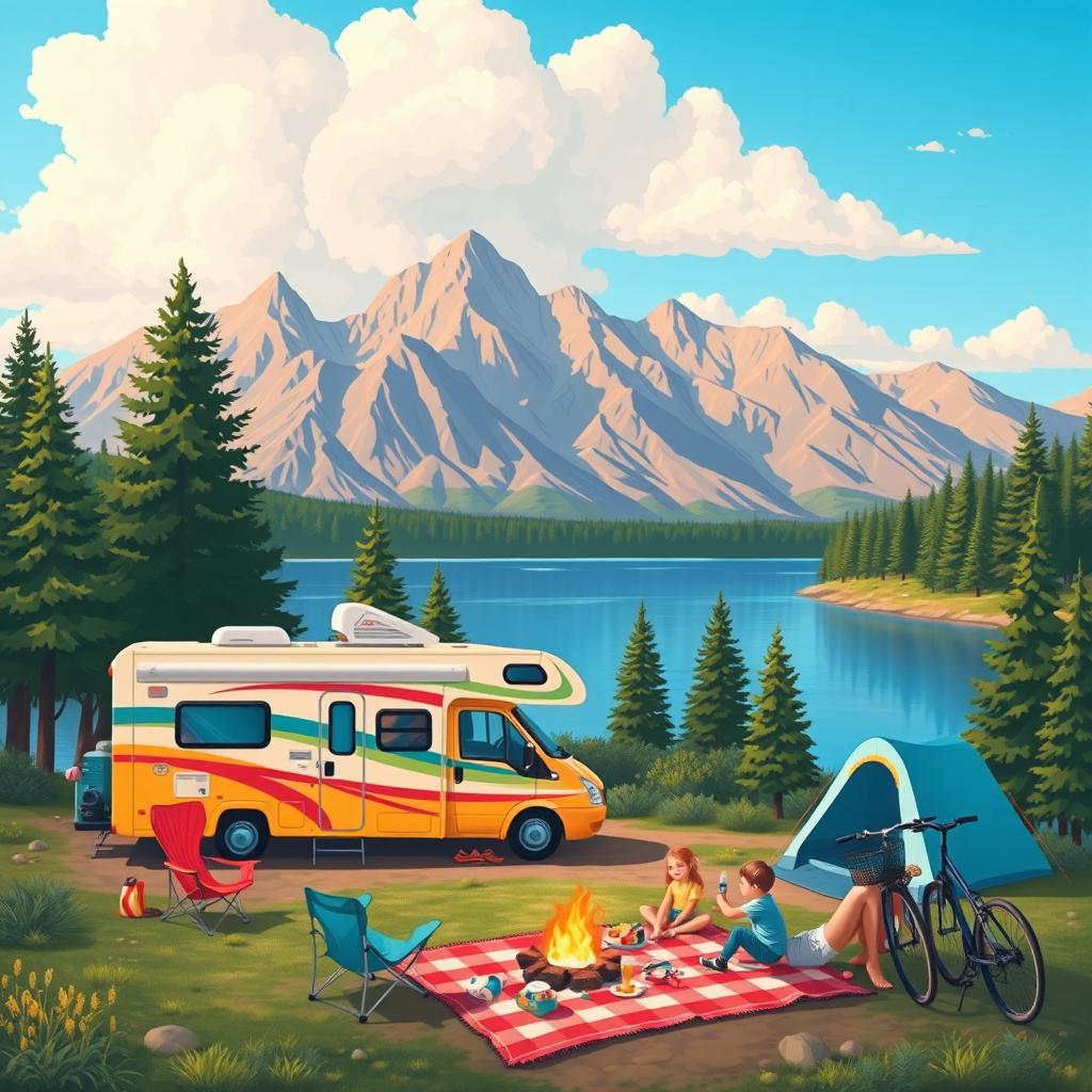 A vibrant and picturesque scene of RV camping in a serene nature setting