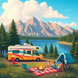 A vibrant and picturesque scene of RV camping in a serene nature setting