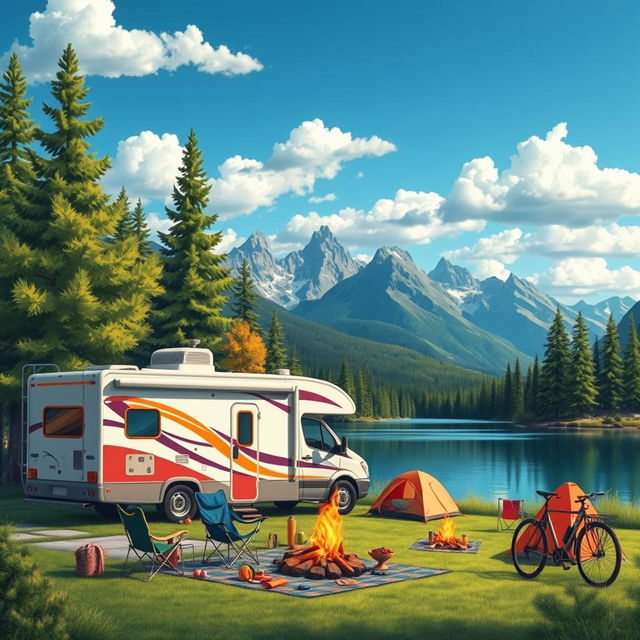 A vibrant and picturesque scene of RV camping in a serene nature setting