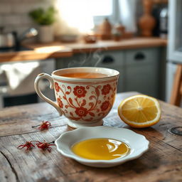 A beautifully crafted ceramic cup of saffron tea, placed on a rustic wooden table