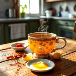 A beautifully crafted ceramic cup of saffron tea, placed on a rustic wooden table