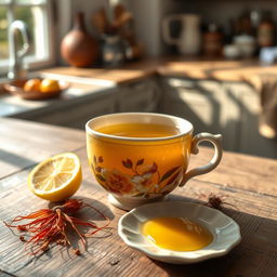A beautifully crafted ceramic cup of saffron tea, placed on a rustic wooden table