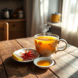 A beautifully crafted ceramic cup of saffron tea, placed on a rustic wooden table