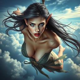 A sexy elf woman with striking blue eyes and luscious red lips, gracefully falling from the sky