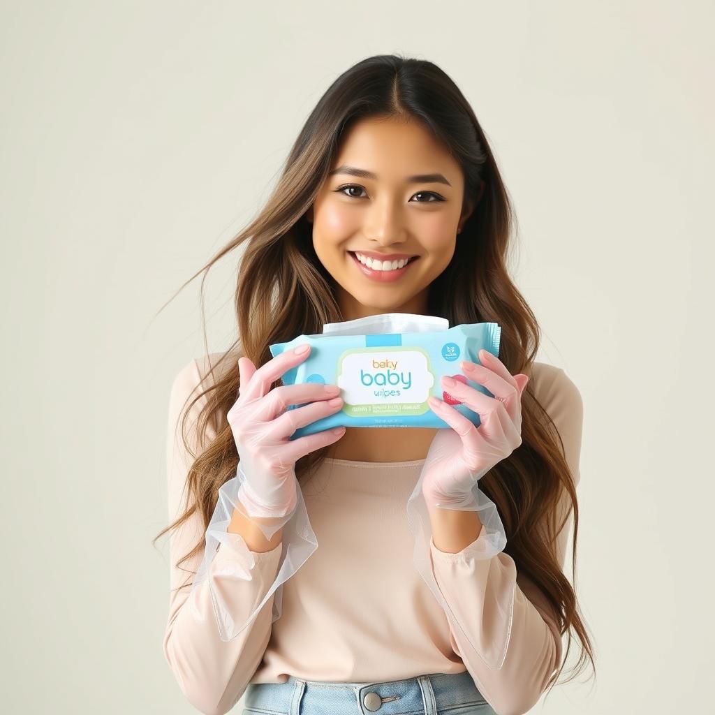 A young woman with long, flowing hair, featuring a warm smile, dressed in a stylish casual outfit, wearing clear vinyl gloves