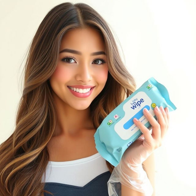 A young woman with long, flowing hair, featuring a warm smile, dressed in a stylish casual outfit, wearing clear vinyl gloves