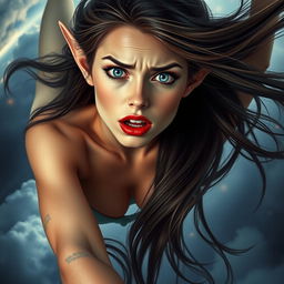 A sexy elf woman with striking blue eyes and vibrant red lips, gracefully falling from the sky