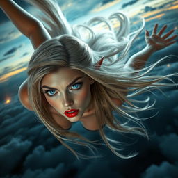 A sexy elf woman with striking blue eyes and vibrant red lips, gracefully falling from the sky