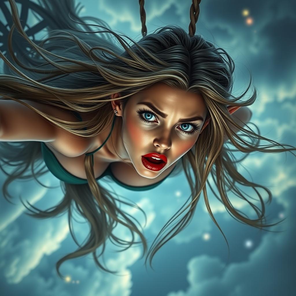 A sexy elf woman with striking blue eyes and vibrant red lips, gracefully falling from the sky