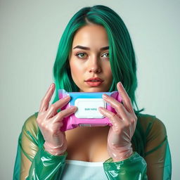 A stylish portrait of a young woman with green hair, inspired by Billie Eilish, wearing clear vinyl gloves