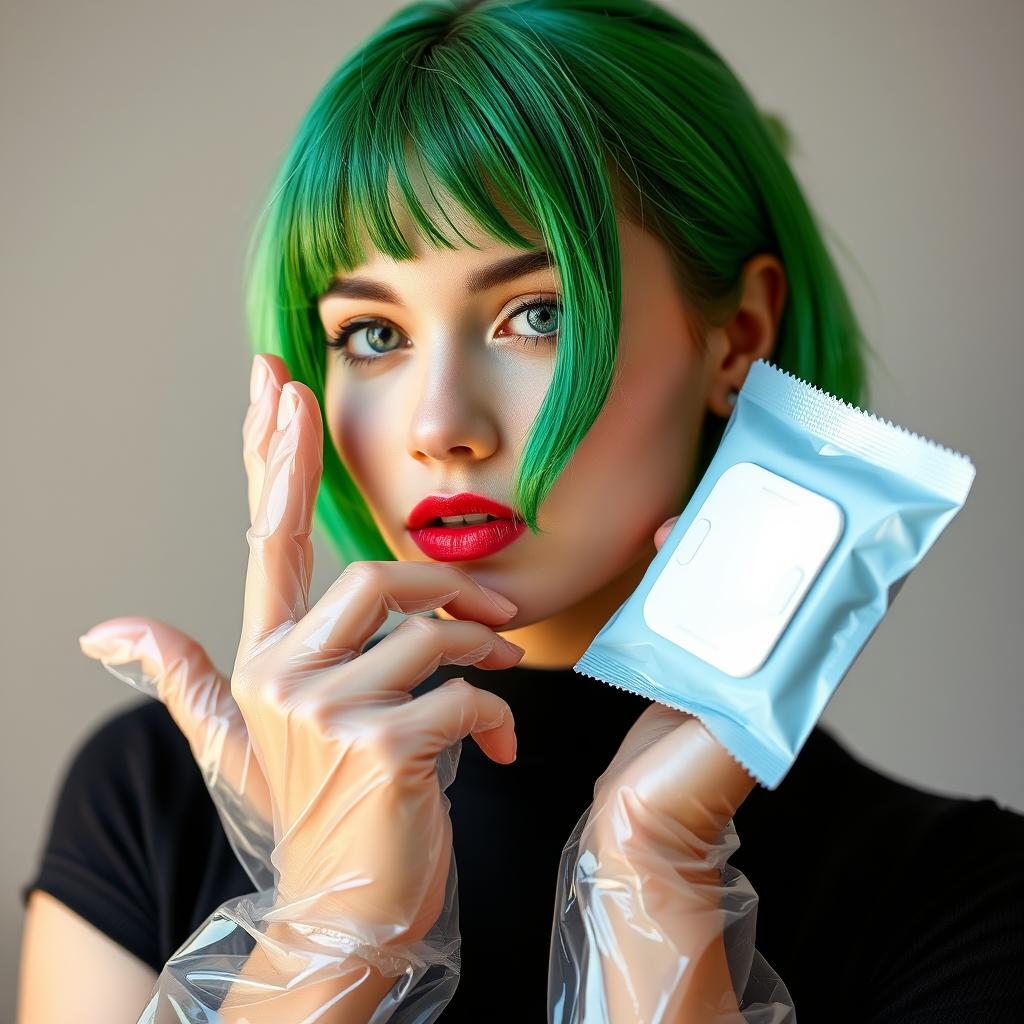 A stylish portrait of a young woman with green hair, inspired by Billie Eilish, wearing clear vinyl gloves