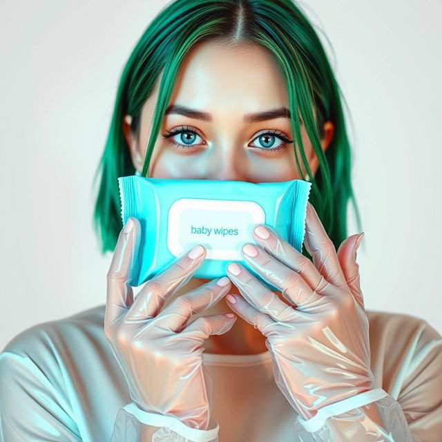 A stylish portrait of a young woman with green hair, inspired by Billie Eilish, wearing clear vinyl gloves