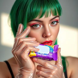 A stylish portrait of a young woman with green hair, inspired by Billie Eilish, wearing clear vinyl gloves