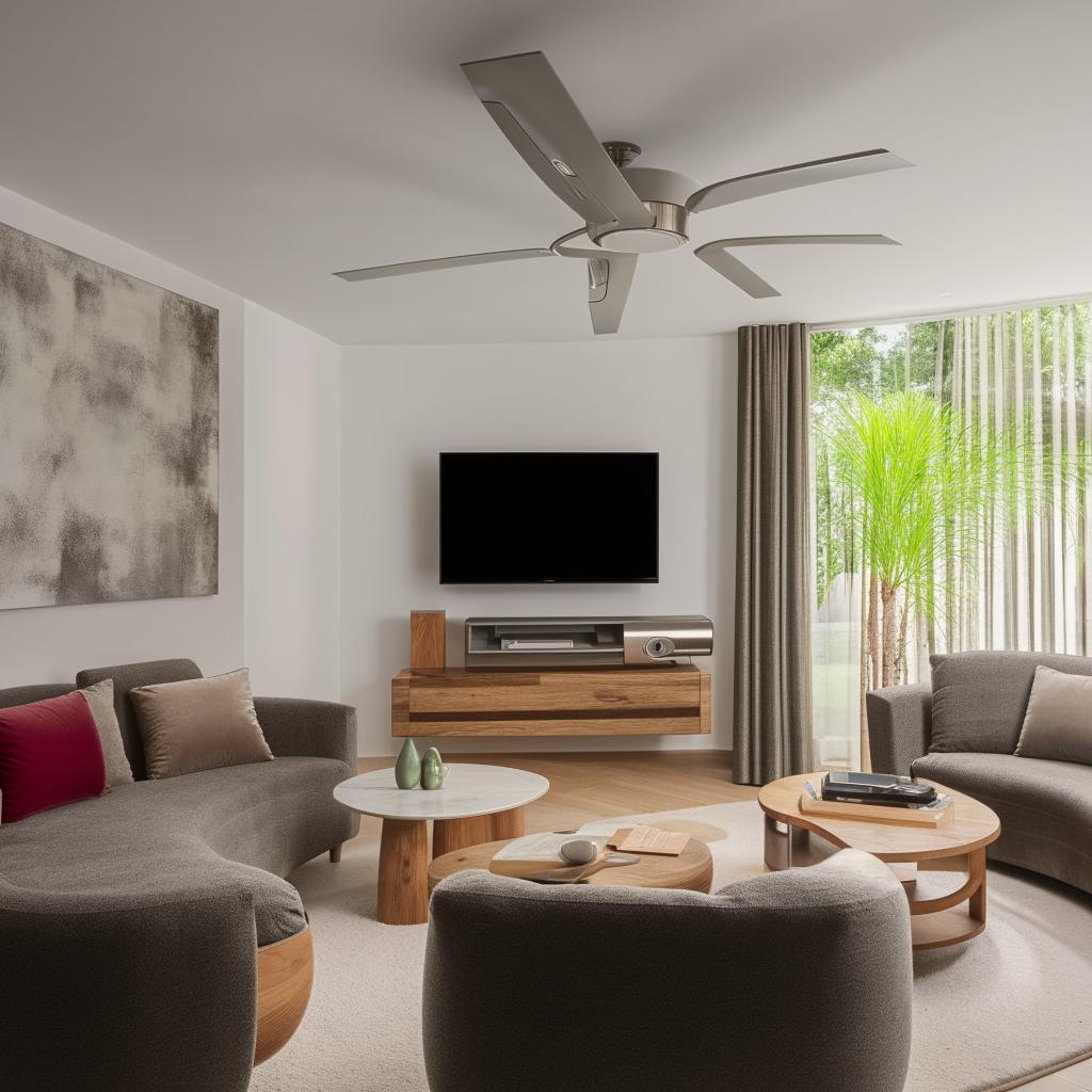 A well-furnished, modern living room. Featuring a sleek television with a sound bar music system, two fans within stylish air conditioning, and comfortable sofas.