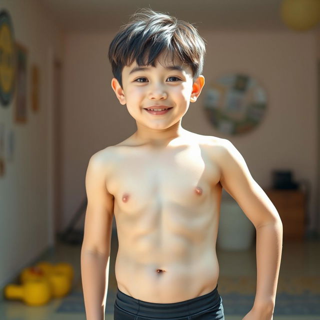 A sexy, cute young Korean boy with a slightly muscular build and a bit of extra softness around his round face