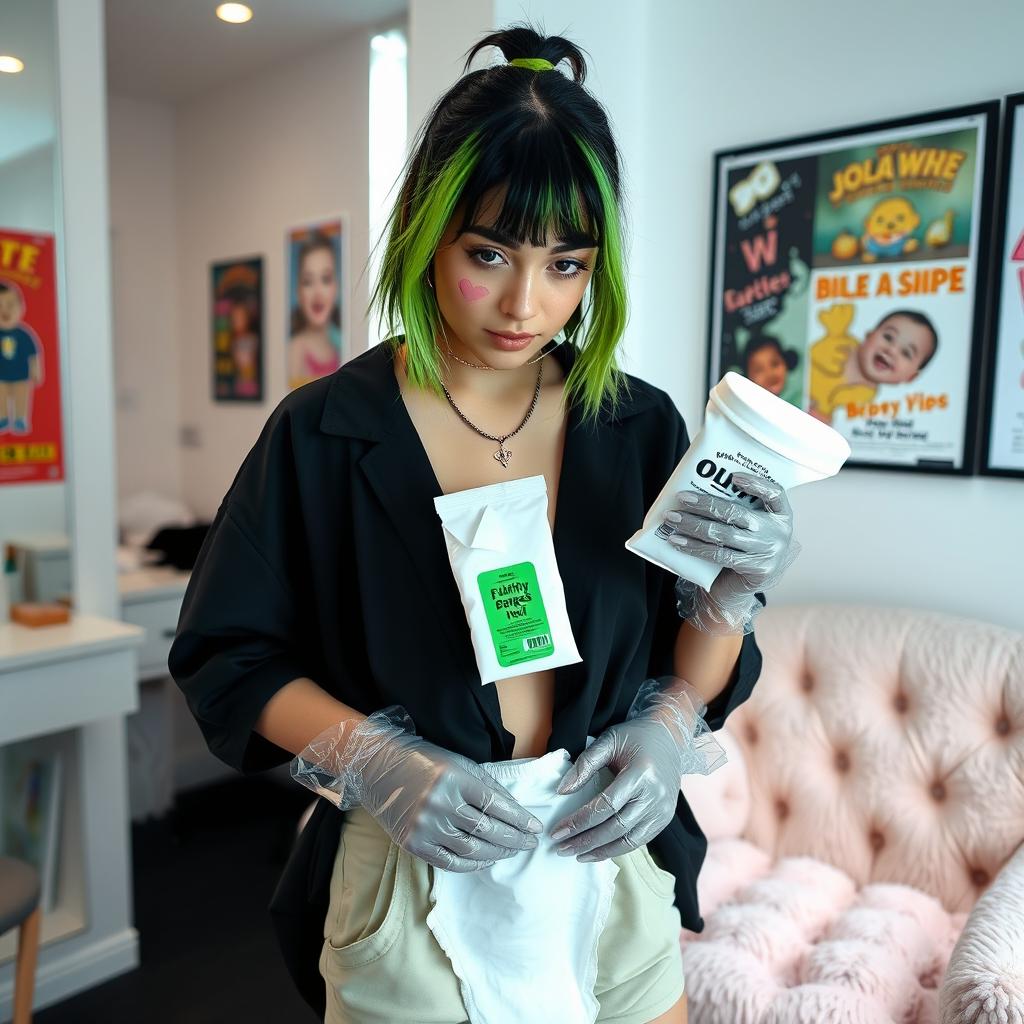 A contemporary pop star in a modern, stylish dressing room, wearing clear vinyl gloves, holding a pack of baby wipes, and preparing to change a dirty diaper