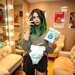 A contemporary pop star in a modern, stylish dressing room, wearing clear vinyl gloves, holding a pack of baby wipes, and preparing to change a dirty diaper