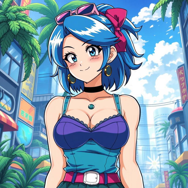 A stunning portrayal of Bulma from the Dragon Ball series, featuring her with large breasts, vibrant blue hair styled in a fashionable way, wearing her signature outfit that combines elements of stylish anime fashion and retro vibes