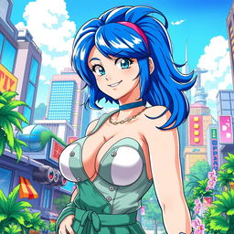 A stunning portrayal of Bulma from the Dragon Ball series, featuring her with large breasts, vibrant blue hair styled in a fashionable way, wearing her signature outfit that combines elements of stylish anime fashion and retro vibes
