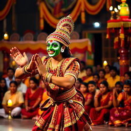 A dramatic scene of Kathakali dance performance, featuring a male dancer dressed in traditional elaborate costume, with a colorful face painted in the signature green and white makeup