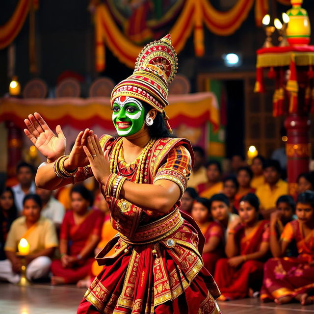 A dramatic scene of Kathakali dance performance, featuring a male dancer dressed in traditional elaborate costume, with a colorful face painted in the signature green and white makeup