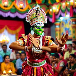 A dramatic scene of Kathakali dance performance, featuring a male dancer dressed in traditional elaborate costume, with a colorful face painted in the signature green and white makeup