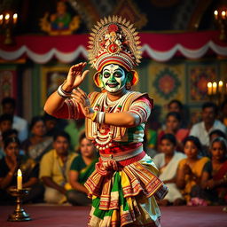 A dramatic scene of Kathakali dance performance, featuring a male dancer dressed in traditional elaborate costume, with a colorful face painted in the signature green and white makeup