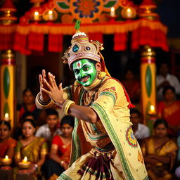 A dramatic scene of Kathakali dance performance, featuring a male dancer dressed in traditional elaborate costume, with a colorful face painted in the signature green and white makeup