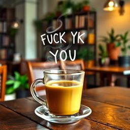 A steaming cup of coffee placed on a rustic wooden table, with rich brown liquid visible inside the clear glass cup