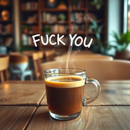 A steaming cup of coffee placed on a rustic wooden table, with rich brown liquid visible inside the clear glass cup