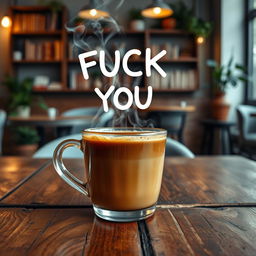 A steaming cup of coffee placed on a rustic wooden table, with rich brown liquid visible inside the clear glass cup