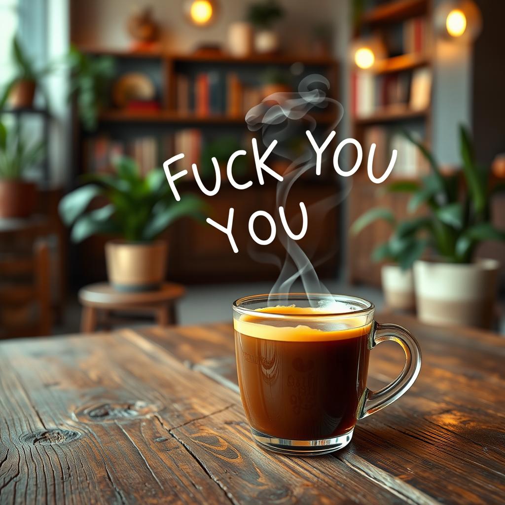 A steaming cup of coffee placed on a rustic wooden table, with rich brown liquid visible inside the clear glass cup