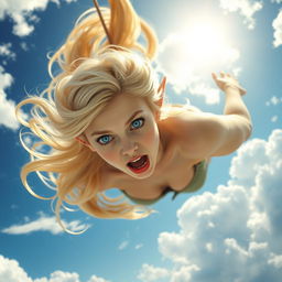 A sexy blonde elf woman with striking blue eyes and luscious red lips, falling gracefully from the sky