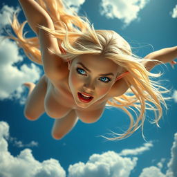 A sexy blonde elf woman with striking blue eyes and luscious red lips, falling gracefully from the sky