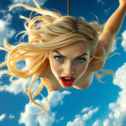 A sexy blonde elf woman with striking blue eyes and luscious red lips, falling gracefully from the sky