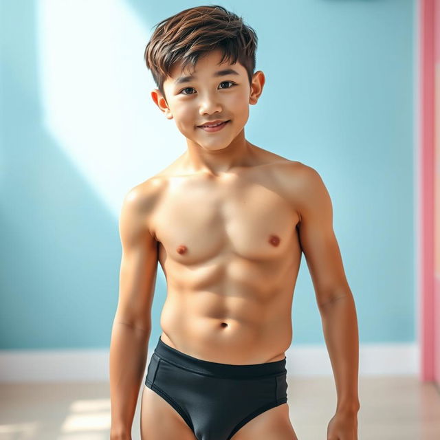 A sexy, cute young Korean boy with a slightly muscular build and a bit of softness around his round face