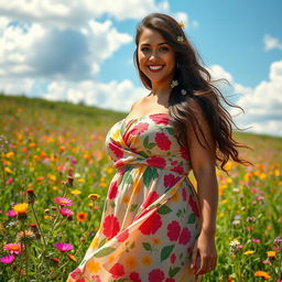 A portrait of a bountiful woman standing in a lush field, with vibrant wildflowers surrounding her